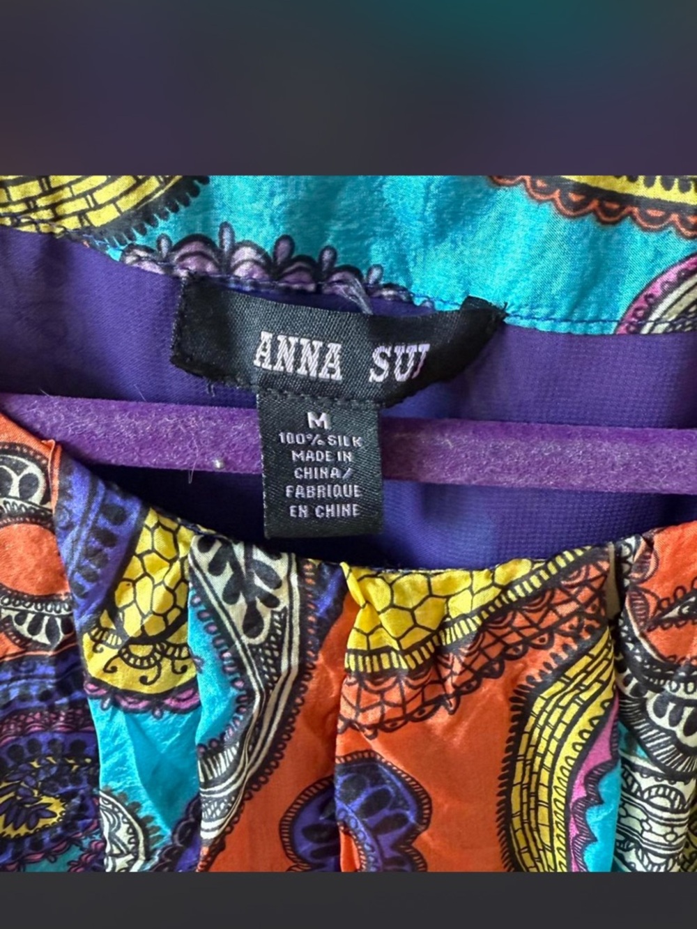 Anna Sui Purple Teal Orange Paisley Silk Dress